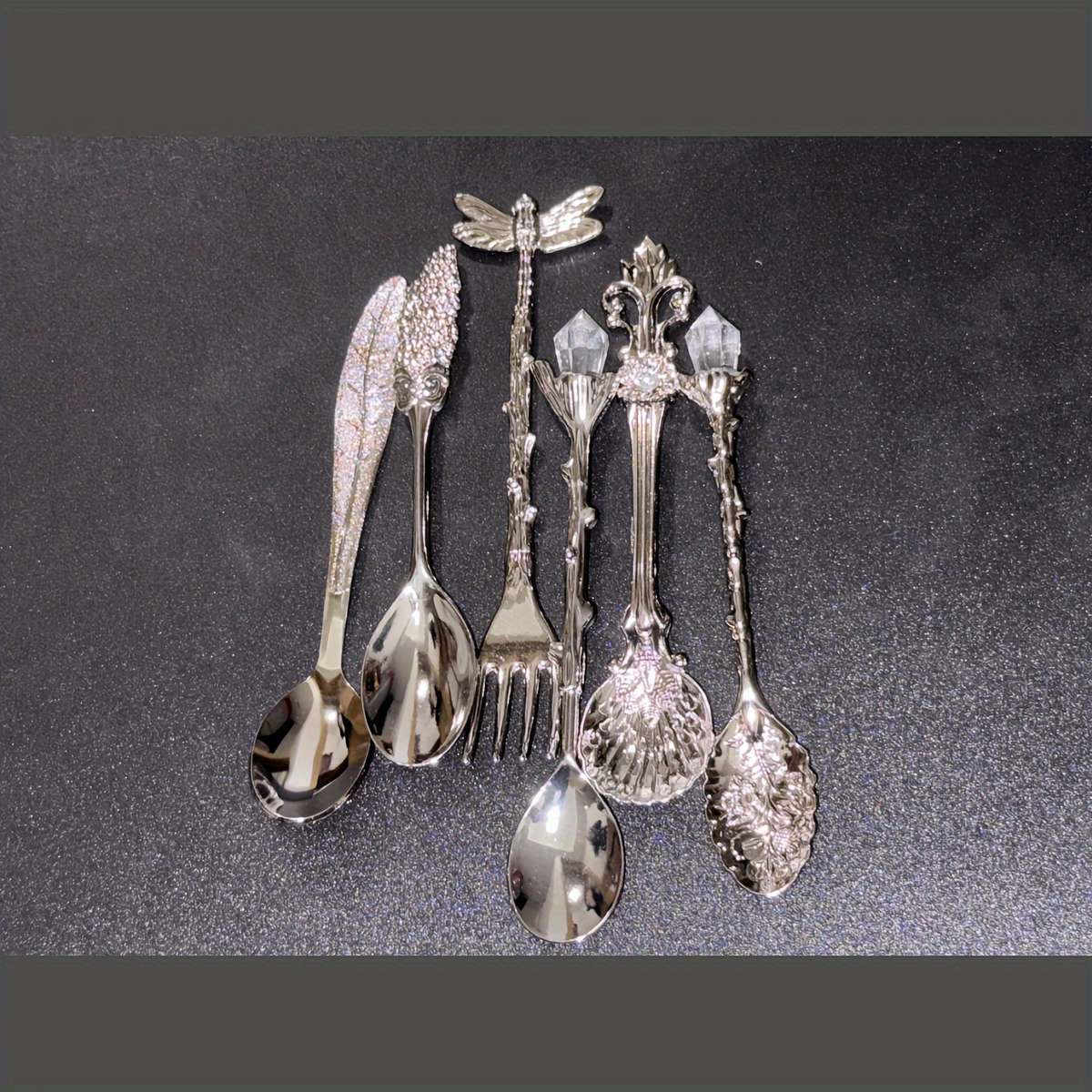 6pcs Small Spoon Fork Set Vintage Golden Teaspoon Fruit Fork Cup Stirring Coffee Spoon