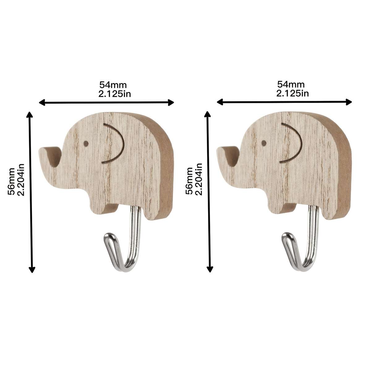 Wooden Animal Wall Self Sticky Hook For Keys Towels Etc color 2pc Elephant