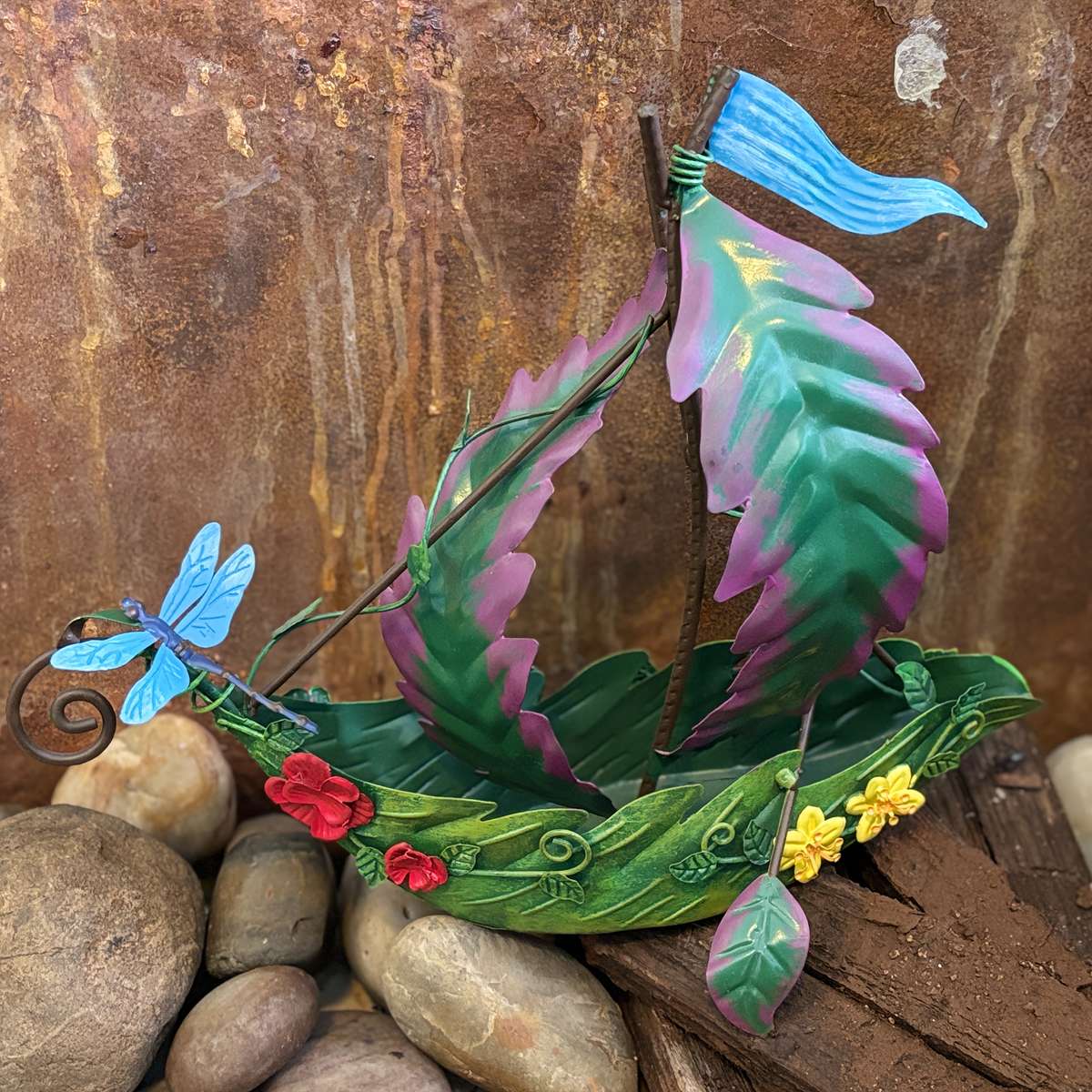 Handcrafted 3D Metal Fairy House Sailing Leaves Boat Statue Enchanted Forest