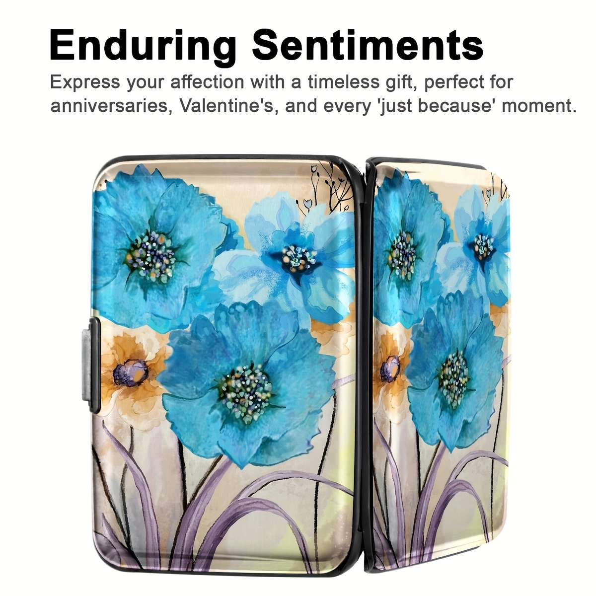 Vintage Blue Flower Mini Rfid Metal Wallet With Buckle Closurebi-Fold Design Polyurethane L