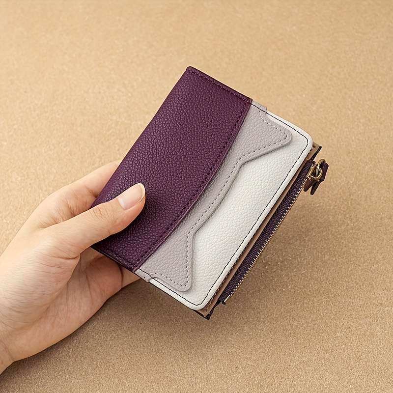 Litchi Texture Wallet Women'S Short Bifold Purse Creative Zipper Multicolor Patchwork Coin