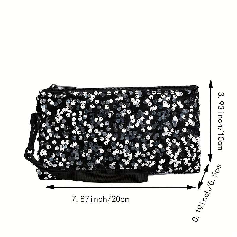 Women'S Black Sequin Clutch Walletlong Zippered Phone Bag With Adjustable Strap Stylish Wri