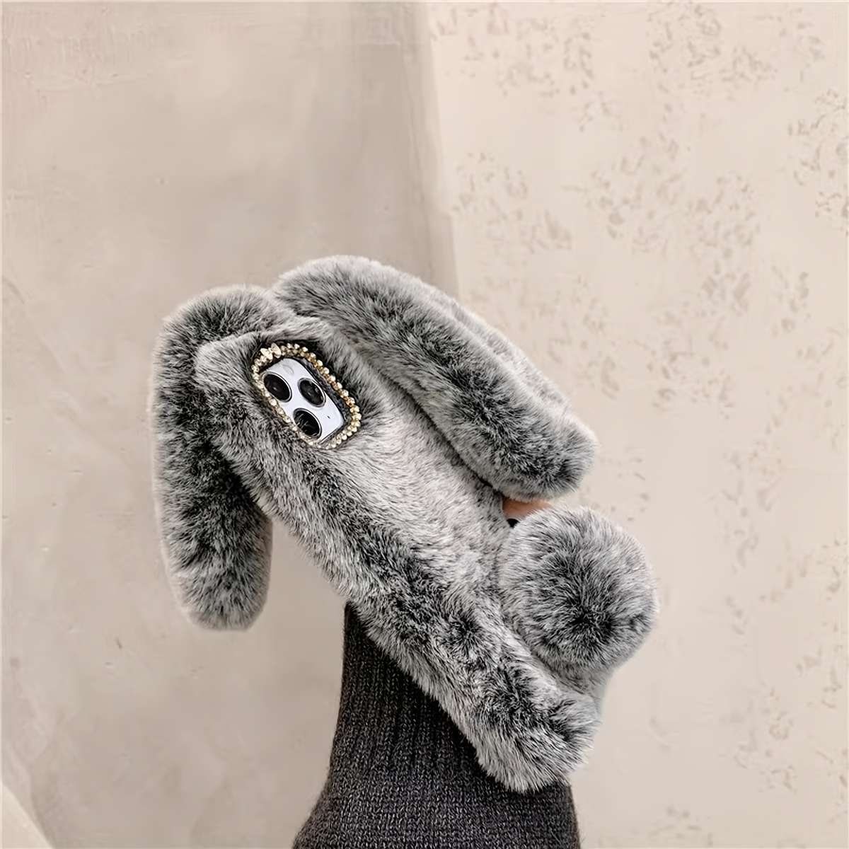 1Pc Grey For iPhone 16 Pro Max Cute Rabbit Plush Phone Case