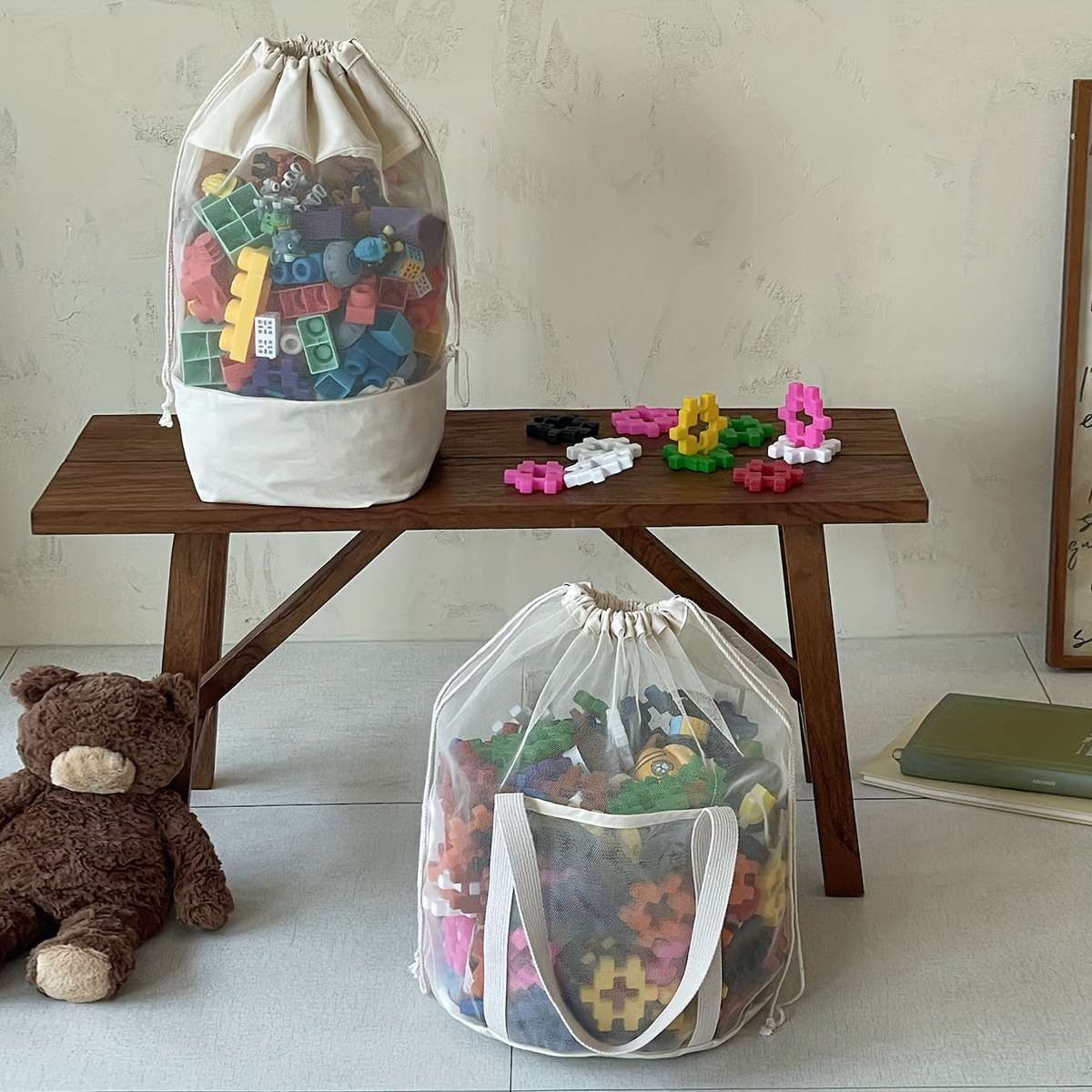 Mesh Drawstring Tote Bag For Toy Storage Making It Easy To