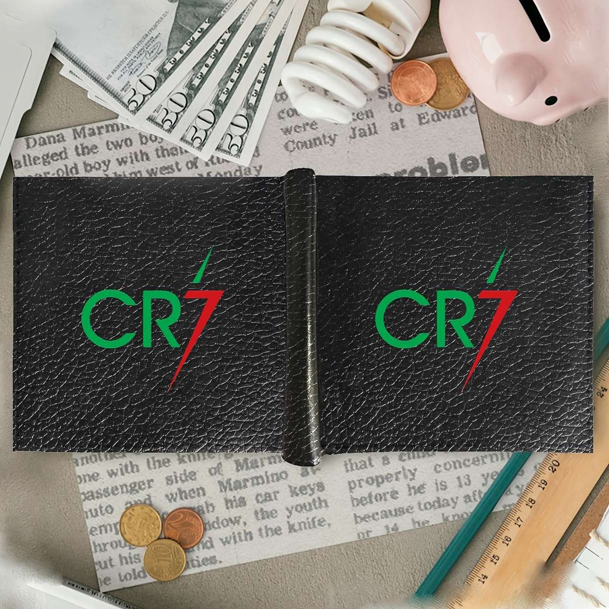 Cr7 Men'S Sleek Black Faux Leather Bifold Wallet With Card Holdercompact Multifunctional
