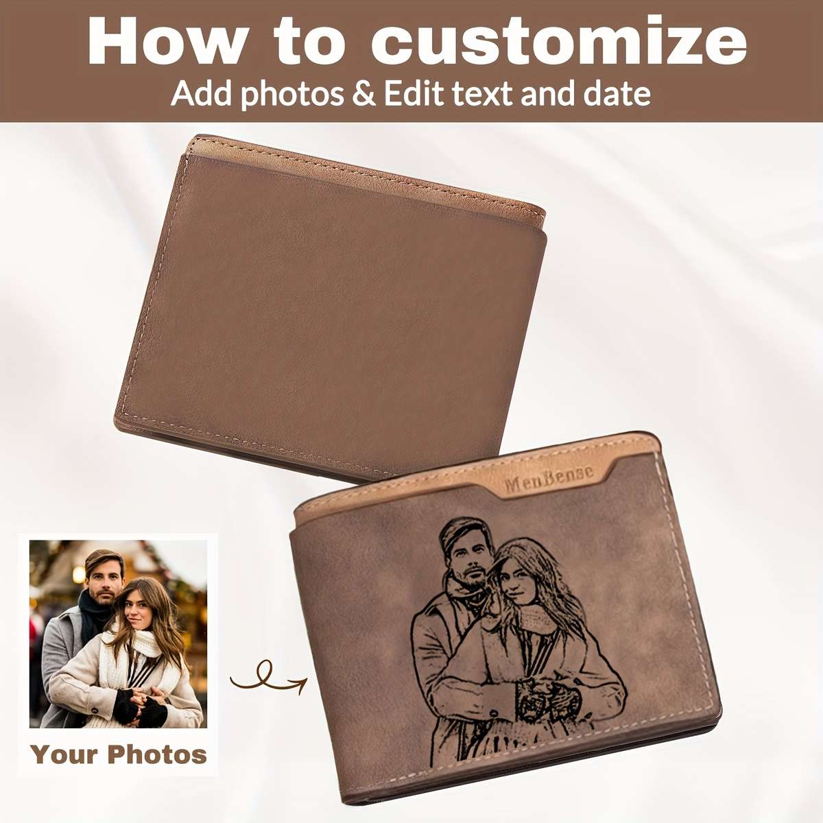 Vintage Style Custom Photo Wallet Personalized Engraved Picture Name With Zipper Closur