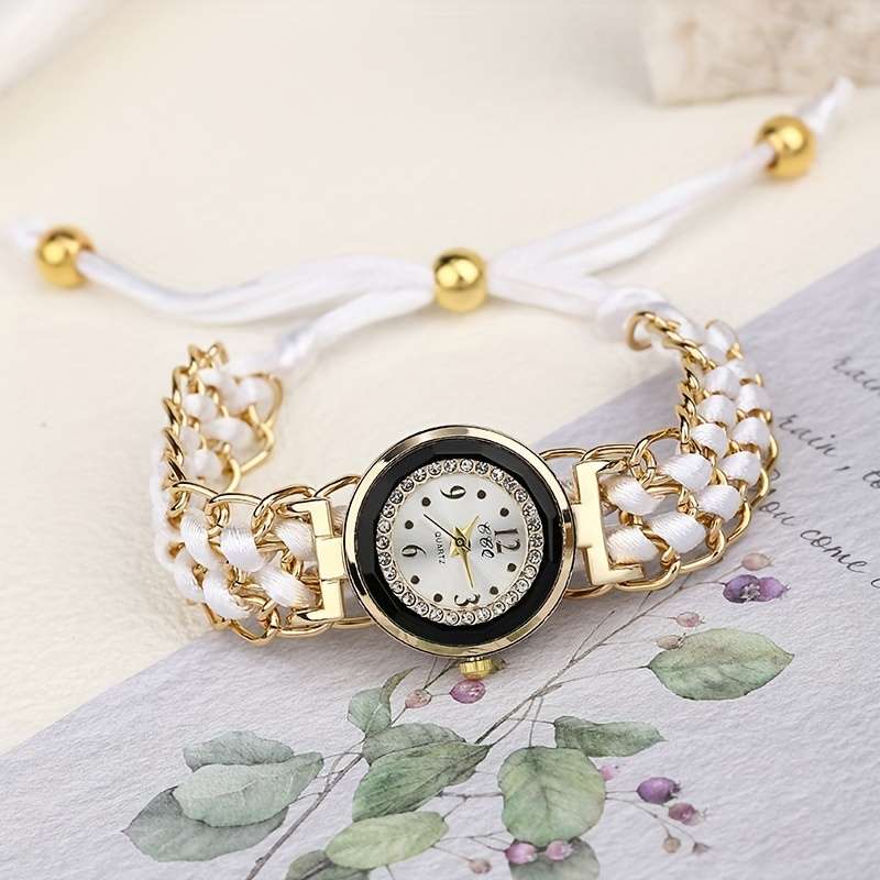 Premium Women Small Watch Case Rhinestones Adjustable Woven Strap Red