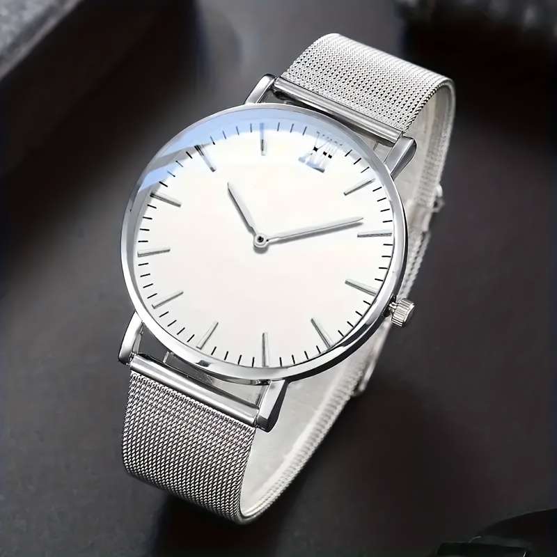 Premium Men Business Quartz Watch With Strap Silvery With White