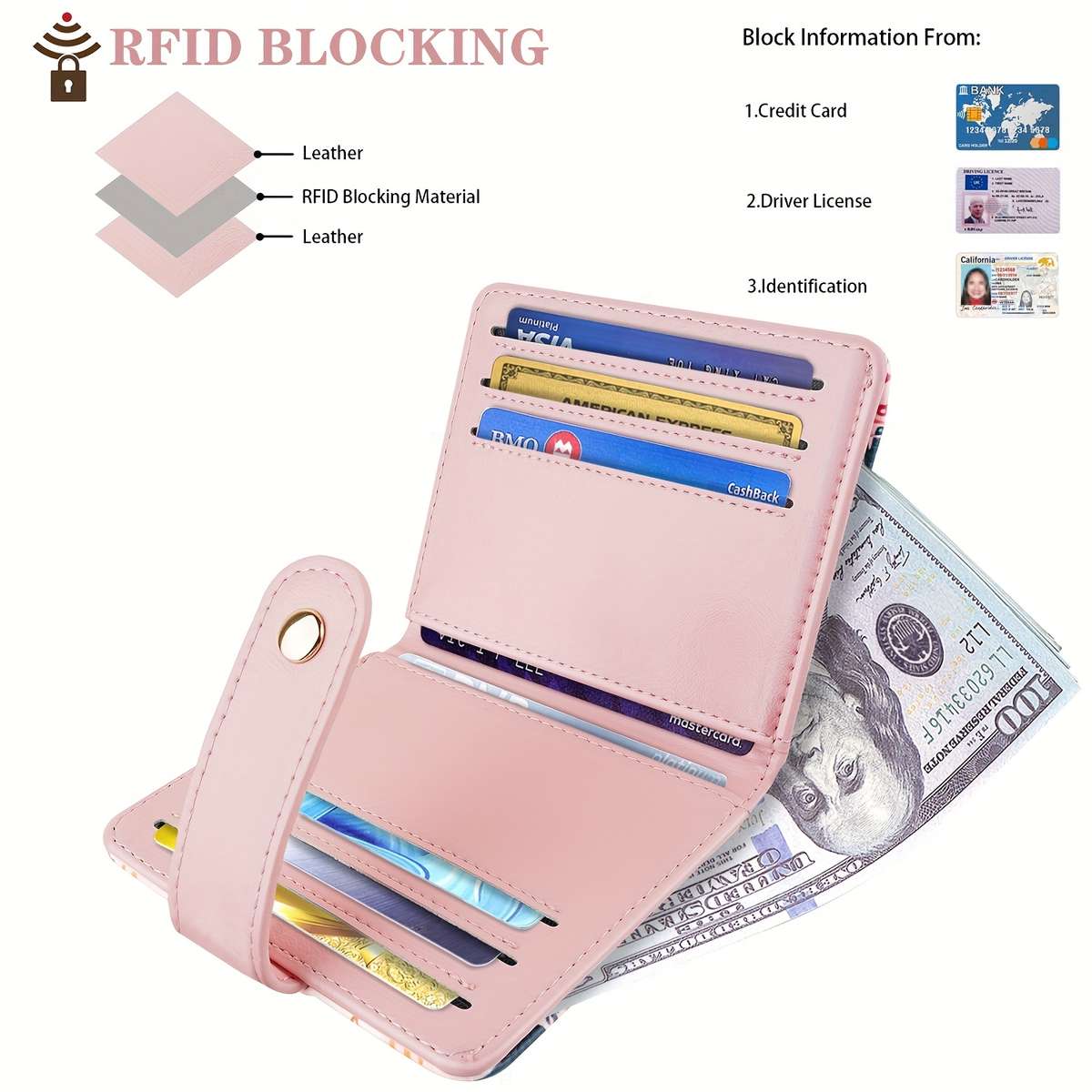 Women'S Compact Bi-Fold Wallet With Floral Print Rfid Blocking Pink Synthetic Faux Leather Ca