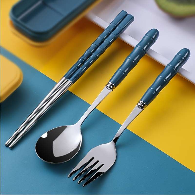 Durable 3 In 1 Stainless Steel Camping Utensils Set Reusable Plastic Cover