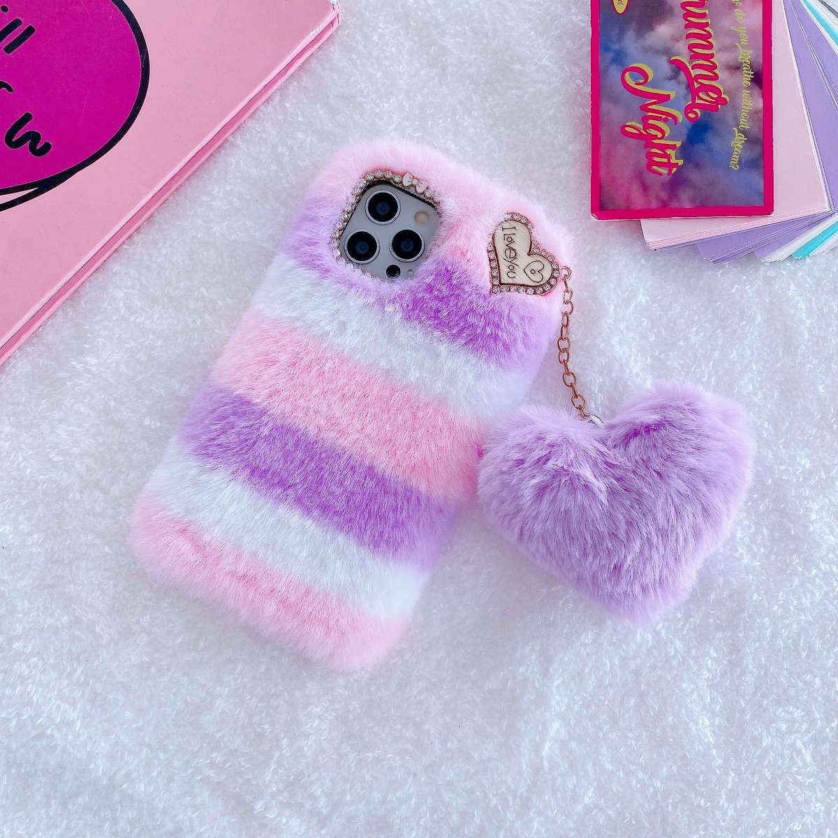 1Pc Mixed Color For iPhone 14 Plus Plush Heart Pendant Phone Case