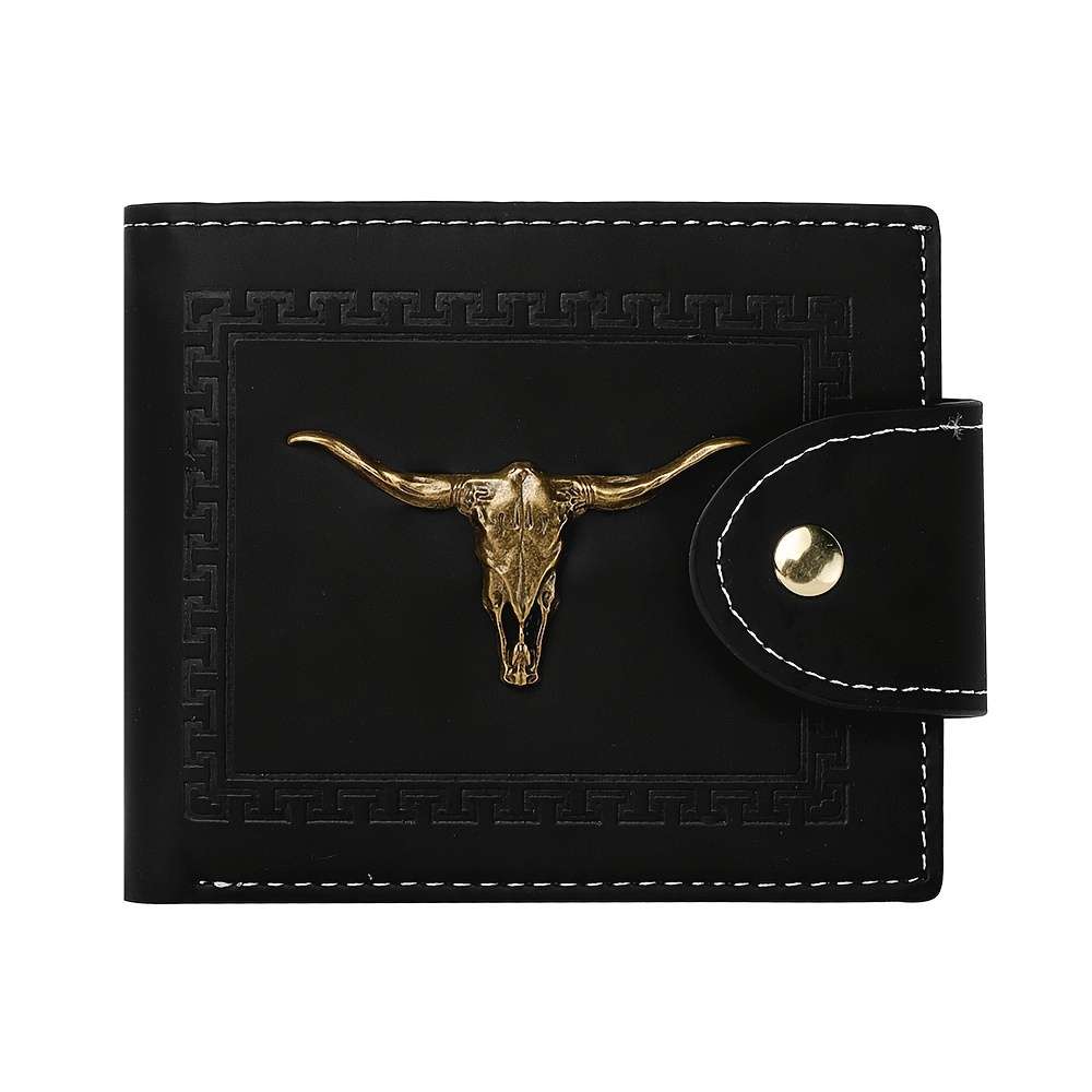 Men'S Premium Black Wallet With Golden Geometric Skull Design Embossed Court Style Multiple