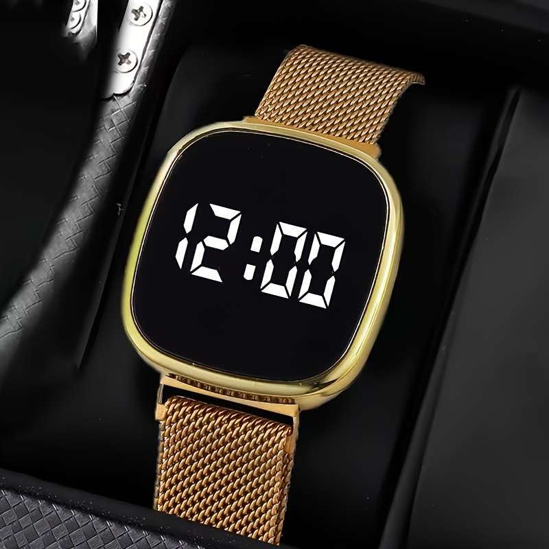 4Pcs Men Set Milanese Magnetic Strap Alloy Led Digital Watch Paired