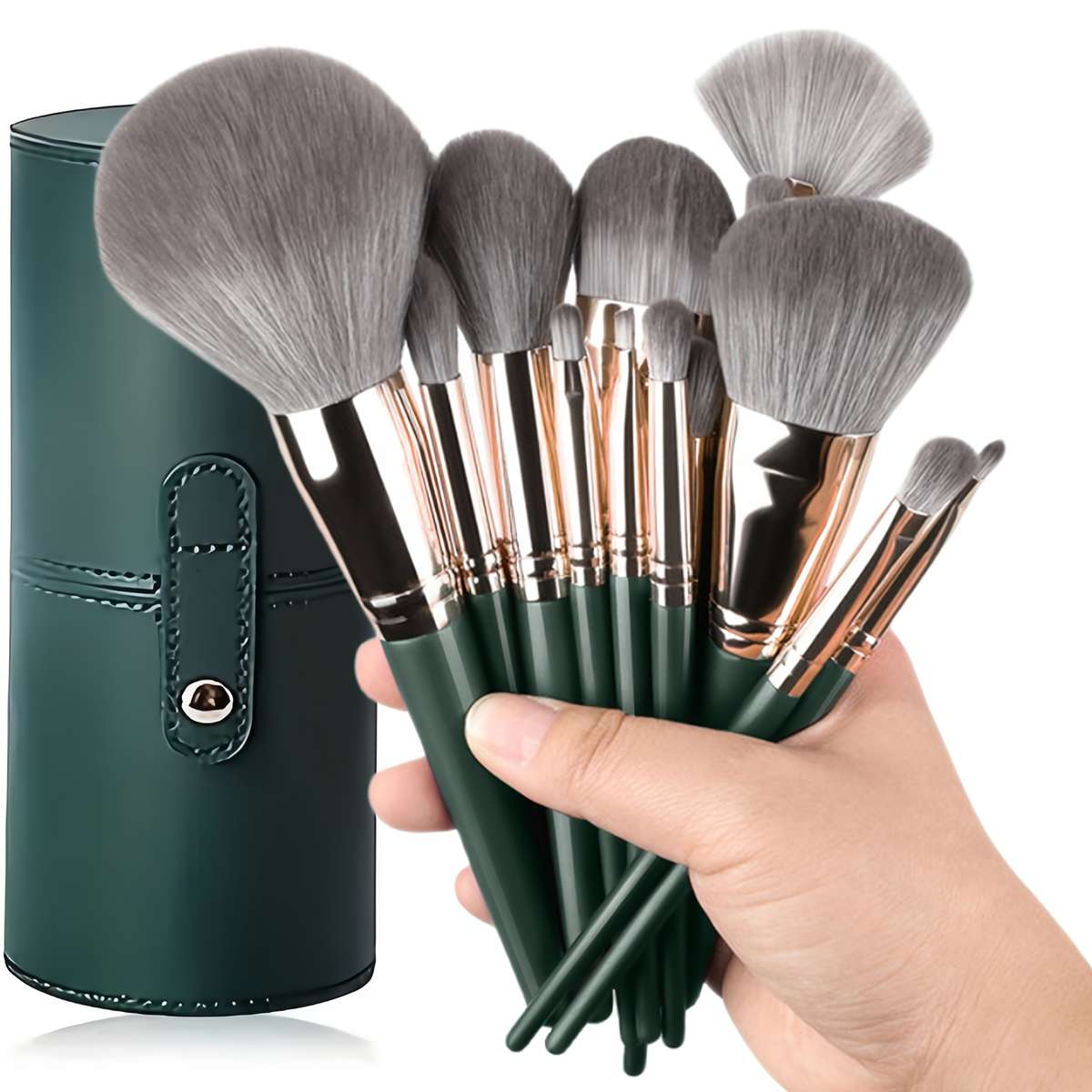Makeup Brush Set Color Green  2 Black Powder Puffs