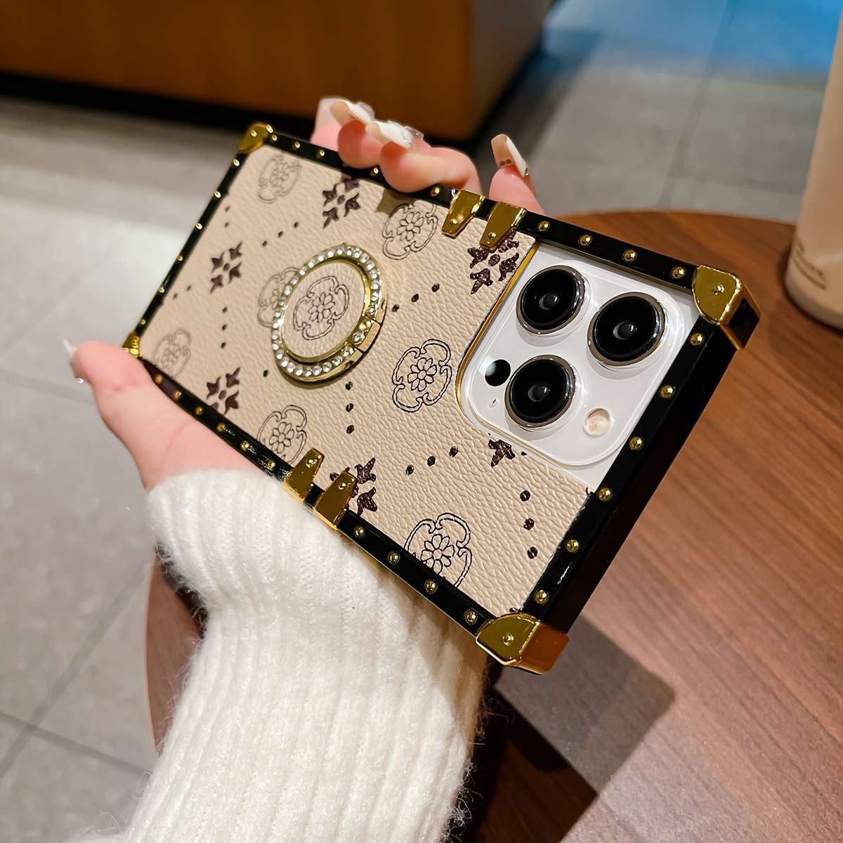 1Pc Beige For iPhone 12 Flower Belt Ring Holder Phone Case