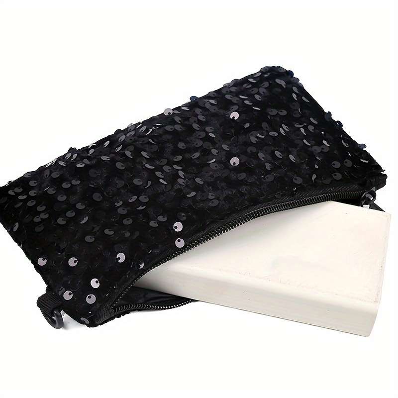 Women'S Black Sequin Clutch Walletlong Zippered Phone Bag With Adjustable Strap Stylish Wri