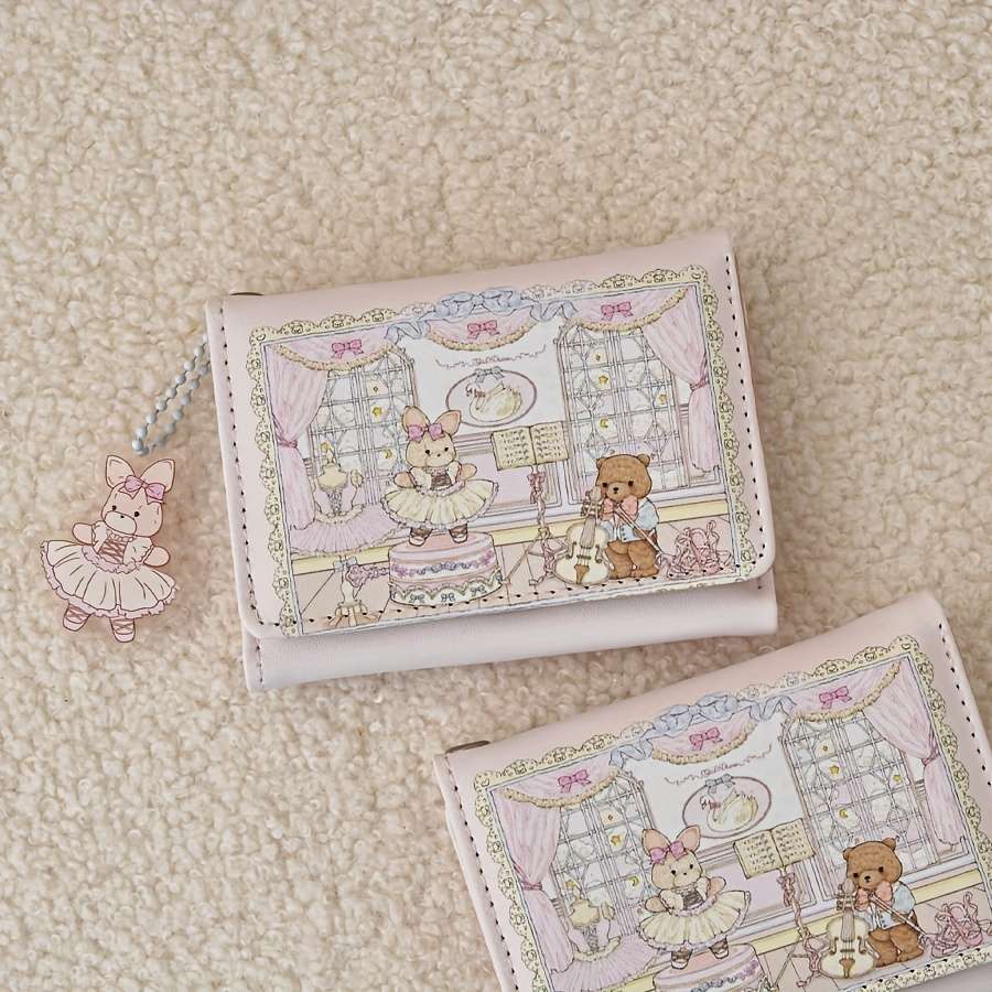 Cute Cartoon Design 3-Fold Wallet With Anti-Magnetic Features Multiple Card Slots Zipper Clos