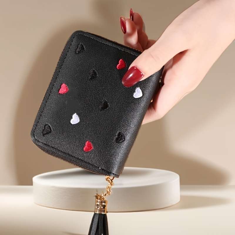 Honey Girl Short Wallet Heart Embroidery Zipper Closure Polyester Lining Unisex With M