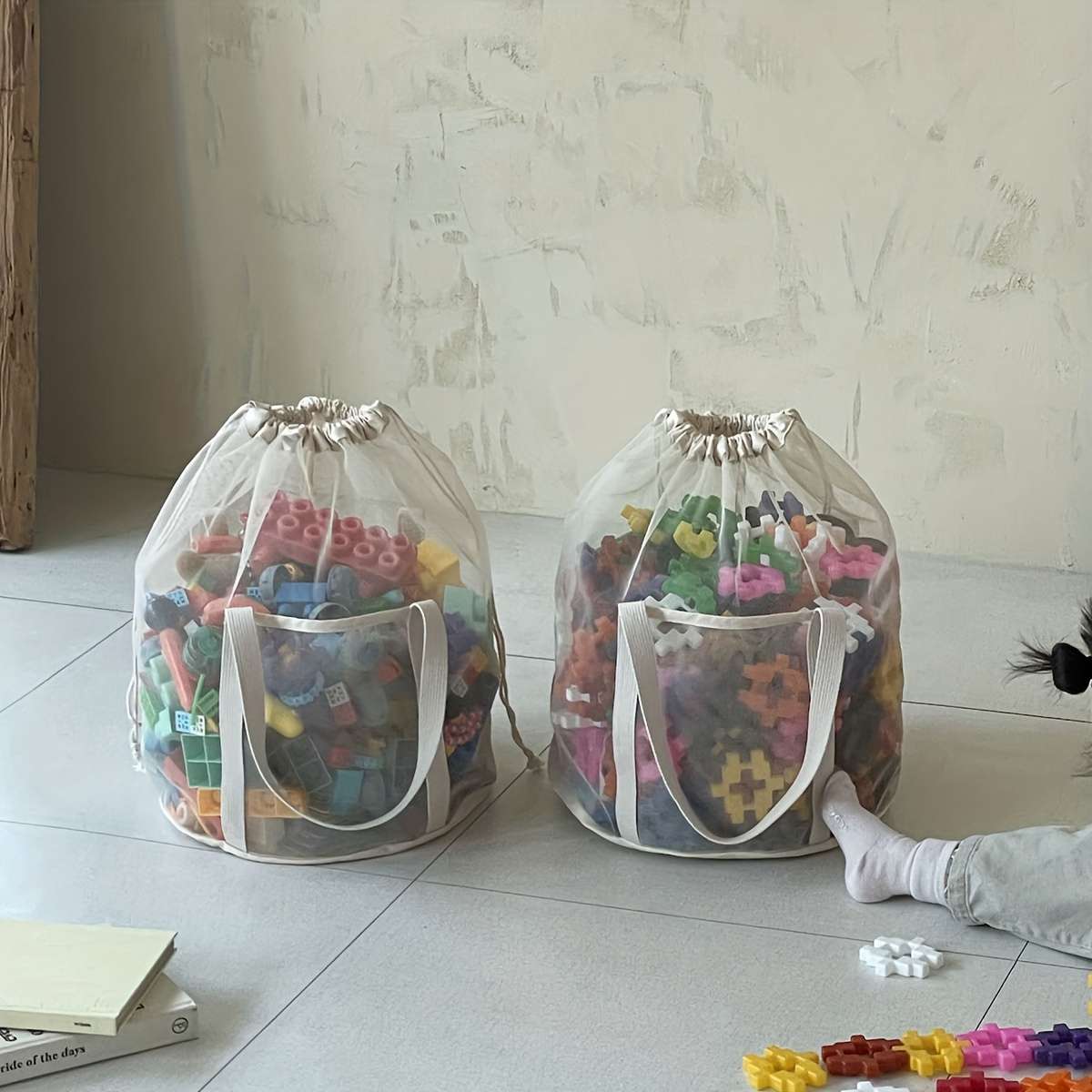 Mesh Drawstring Tote Bag For Toy Storage Making It Easy To