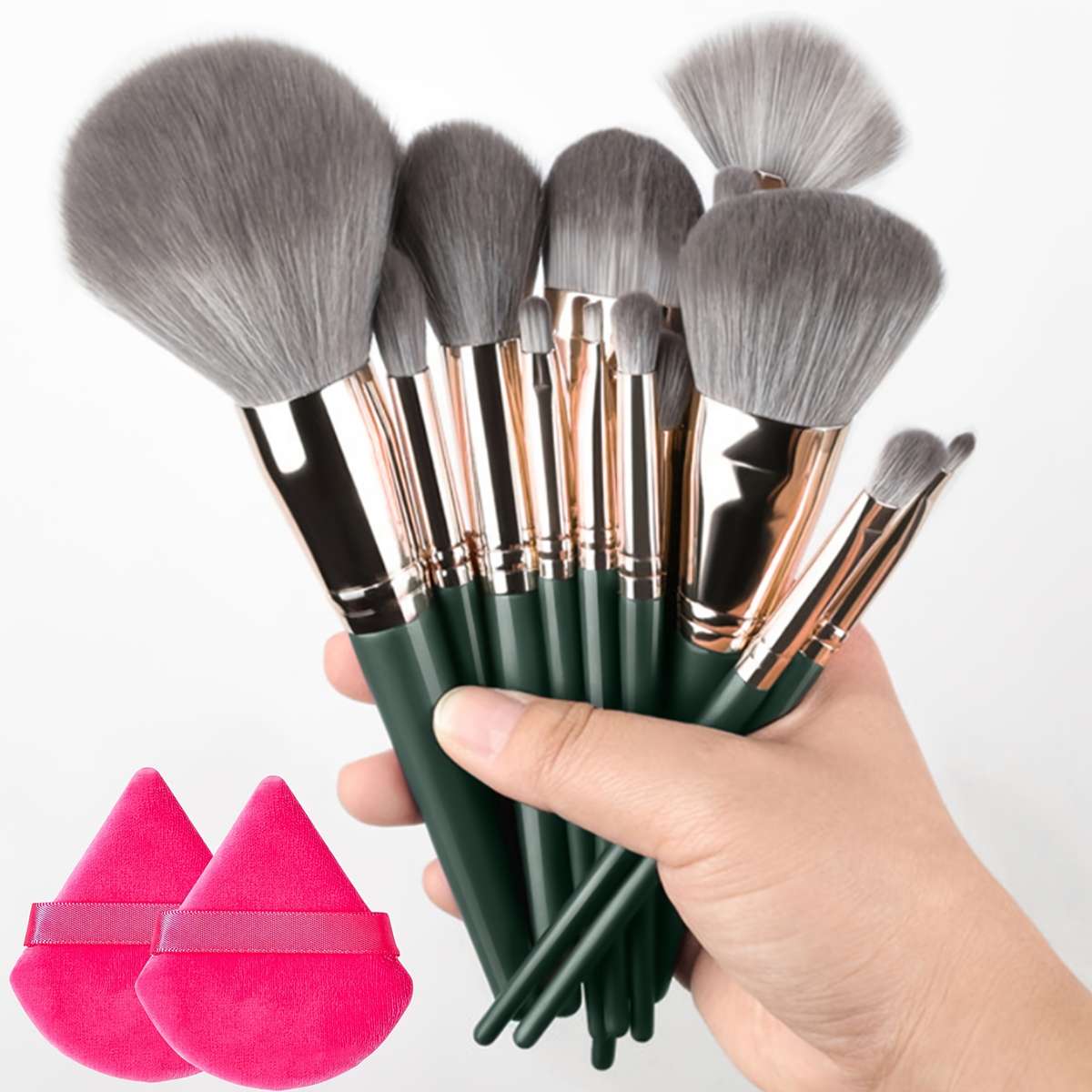 Makeup Brush Set Color Green  2 Black Powder Puffs