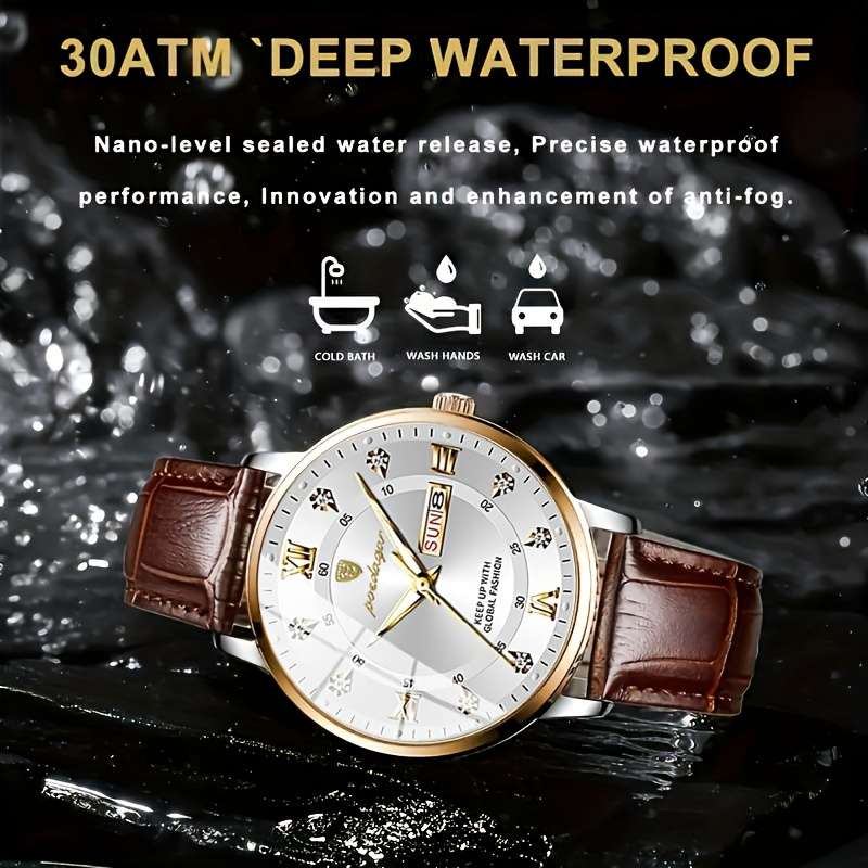 2Pcs Luminous Watch Set Men Luminous Waterproof Pu Leather Quartz Watch