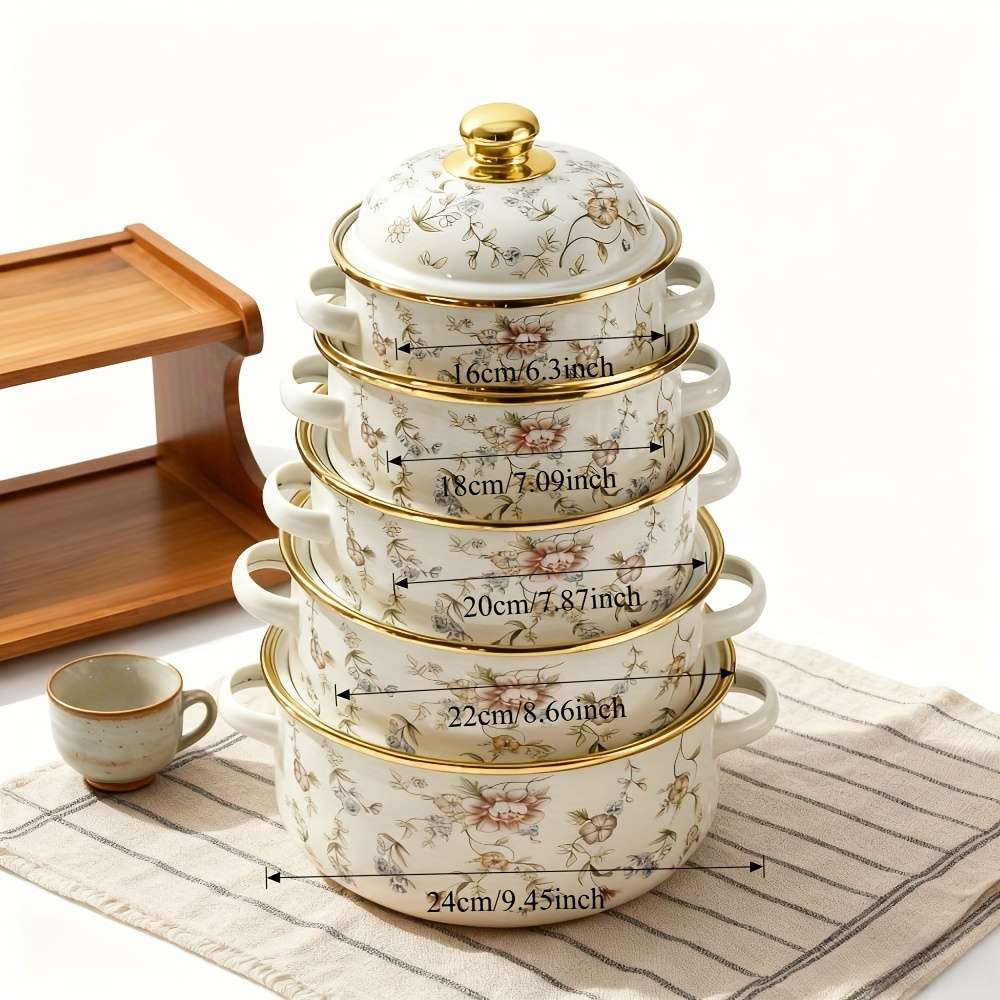 5Pcs Classic Vintage Enamel Cookware Set With Heavy Restaurant