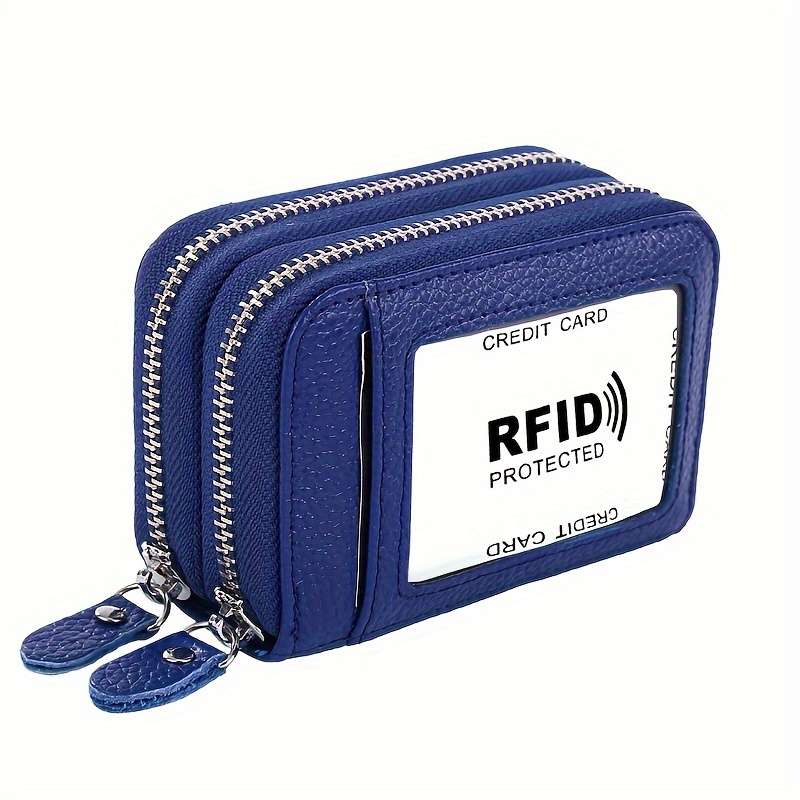 Genuine Leather Credit Card Wallet With Small Coin Purse And Double Zipper Rfid Blocking Credi