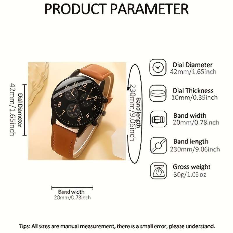 4Pcs Men Fashion Quartz Watch Set With Brown Faux Leather Strap