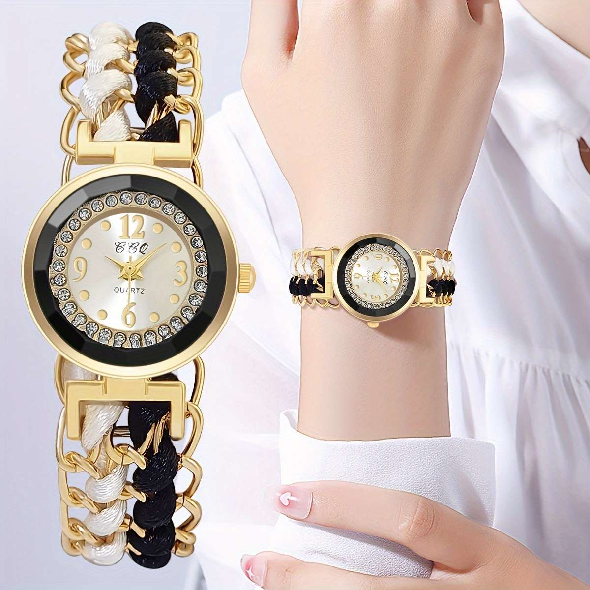 Premium Women Small Watch Case Rhinestones Adjustable Woven Strap Red