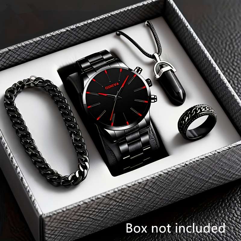 4Pcs Fashion Men Round Quartz Watch Set With Stainless Steel Strap
