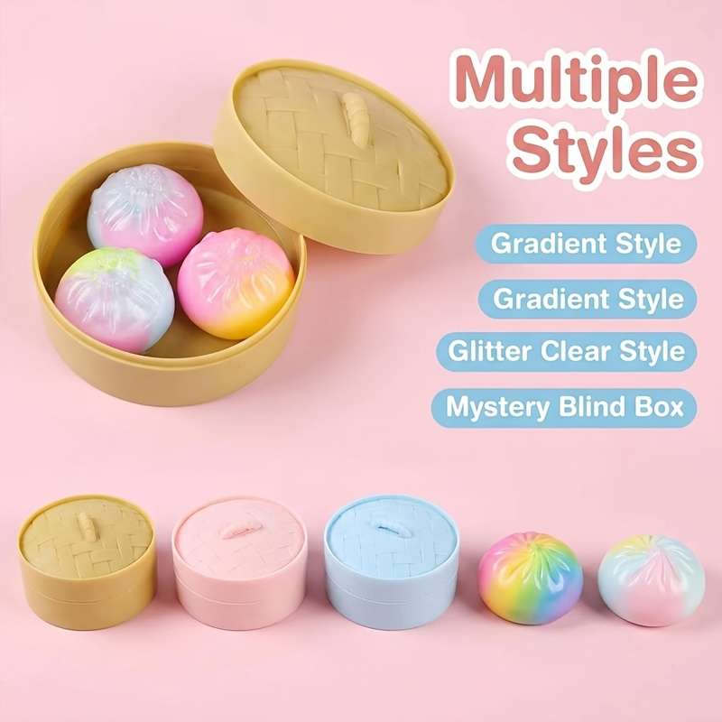 Squeezable Toys Items Type A 5 Piece Set 3 Steamed Buns In Random Colors 1 Lid 1 Steamer