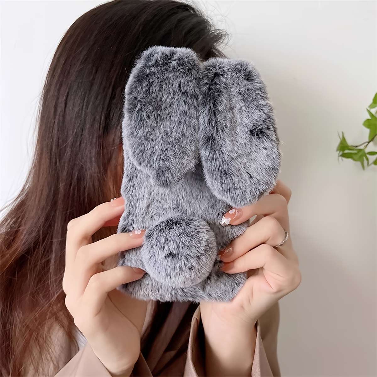 1Pc Grey For iPhone 16 Pro Max Cute Rabbit Plush Phone Case