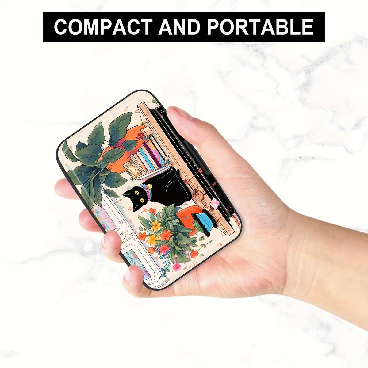 1pc Compact RFID-Blocking Cat Pattern Aluminum WalletColorful Floral and Starry Night Design Me