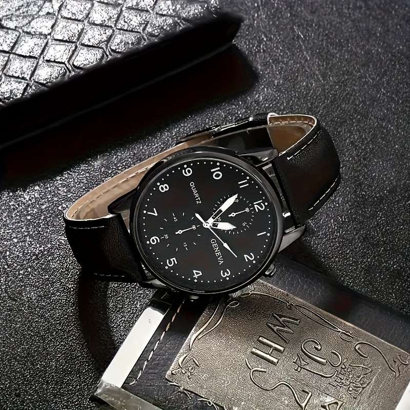 4Pcs Classic Quartz Men Watch Zinc Alloy Case Faux Leather And