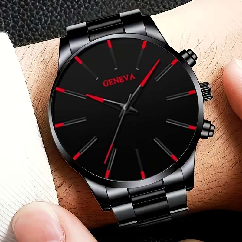 4Pcs Fashion Men Round Quartz Watch Set With Stainless Steel Strap