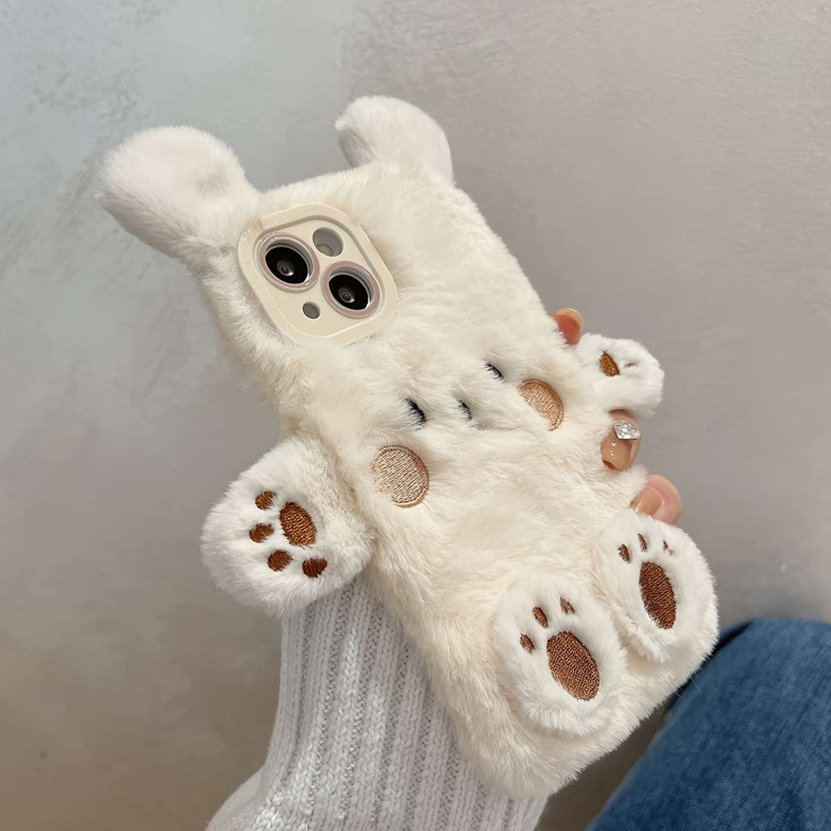 1Pc Beige For iPhone 15 Plus Plush Three Dimensional Bear Phone Case