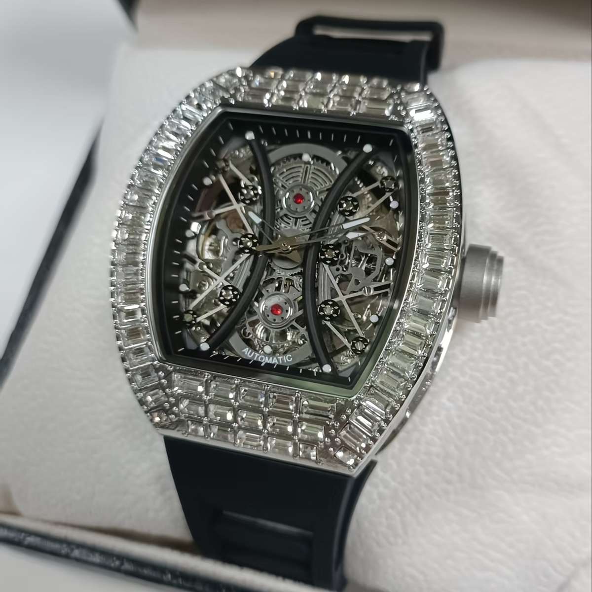 Luxury Tevise Mens Automatic Mechanical Watch Skeleton Tonneau Case