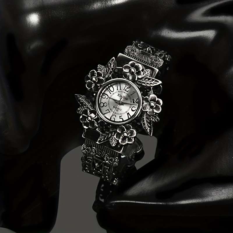Vintage Women Bracelet Watch 3D Floral Leaf Quartz Wristwatch Black