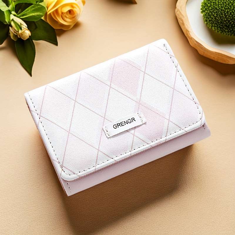 Minimalist Fashion Plaid Wallet Pu Material Pink Blue Colors Zipper Closure Foldable