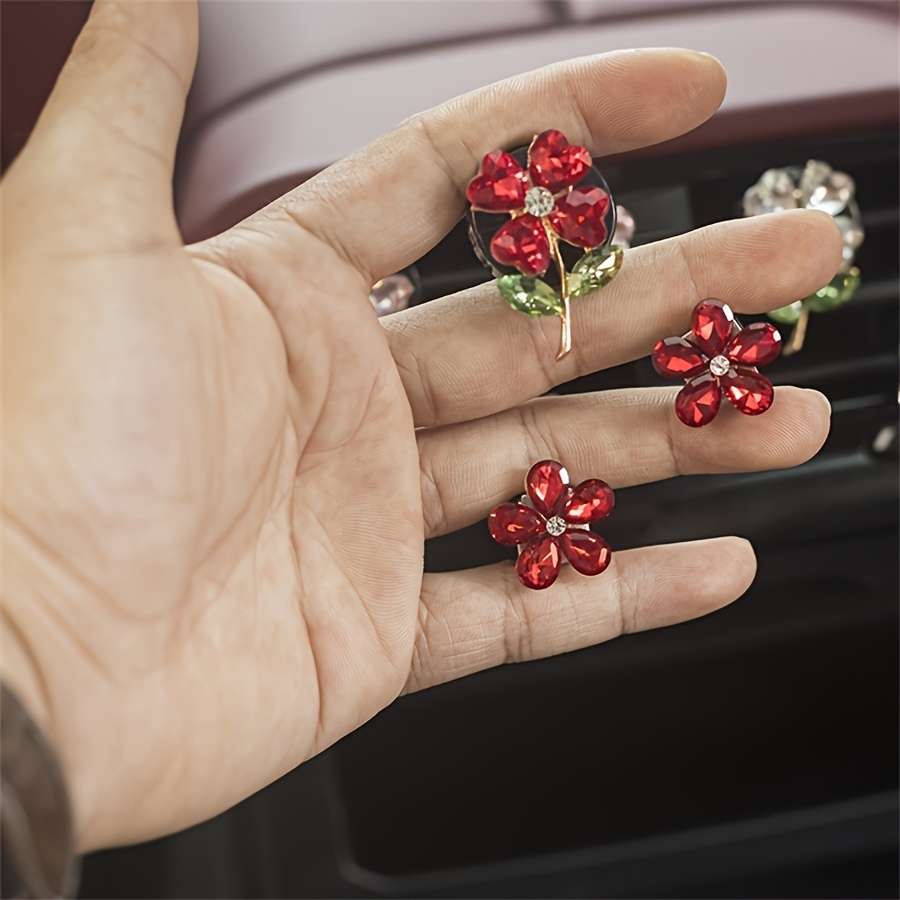Car Interior Decor Items 3 Pieces Of Bright Red Four Leaf Flower  Add  Two Crystal Flowers
