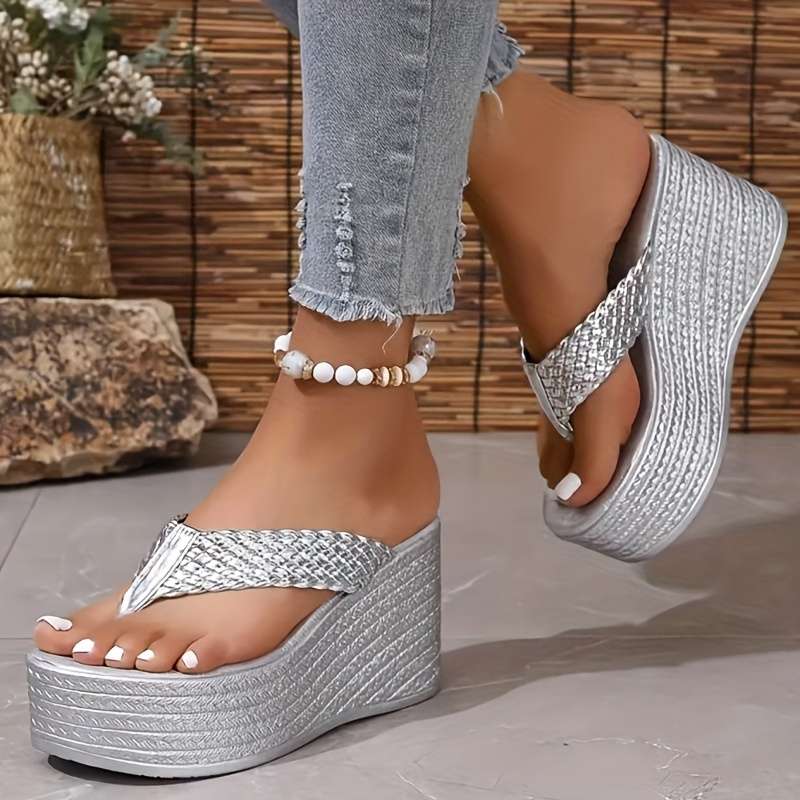 Ladies Summer Flip Flops Silvery Uk 4