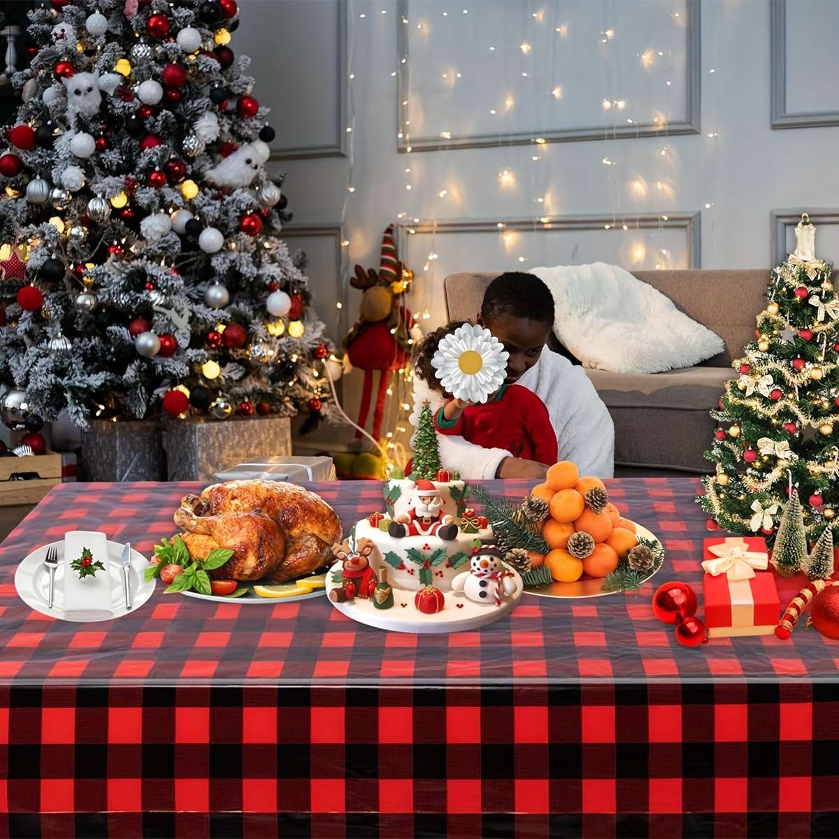 Christmas Tablecloth Color Red And Black Plaid Quantity 3Pcs