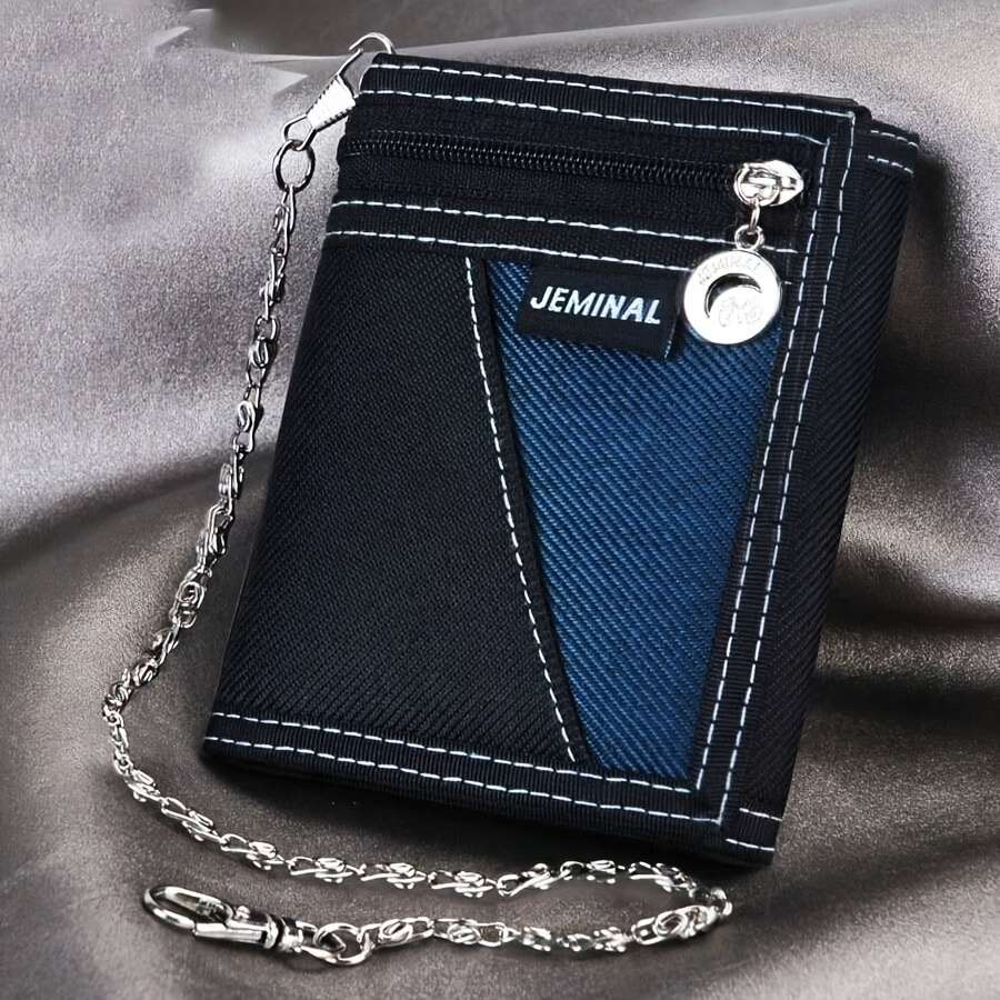 1pc Compact Men's Canvas WalletHigh-Quality Multi-Functional with Chain Detail Portable Travel
