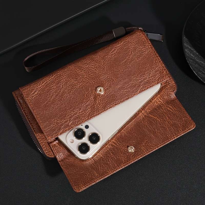 1pc Premium Men's Wallet with Double-Layer Zipper Card HolderClassic Brown Textured Design Sn