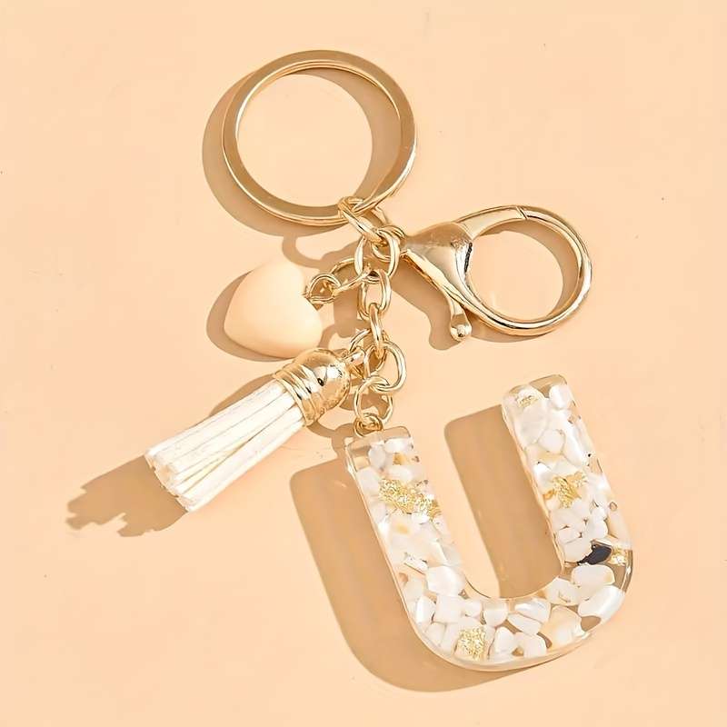 Artistic Heart Shaped Initial Keyring Charming Resin Letter Pendant With Tassel