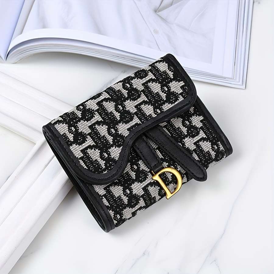 Elegant Check Pattern D Letter Design Card Holderstylish Short Wallet