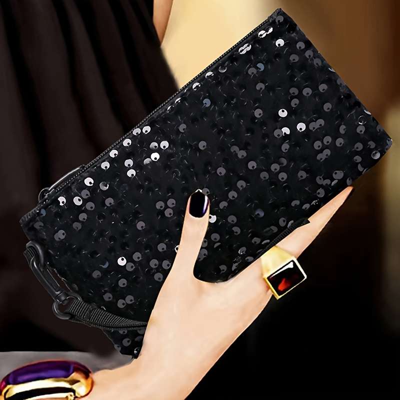 Women'S Black Sequin Clutch Walletlong Zippered Phone Bag With Adjustable Strap Stylish Wri