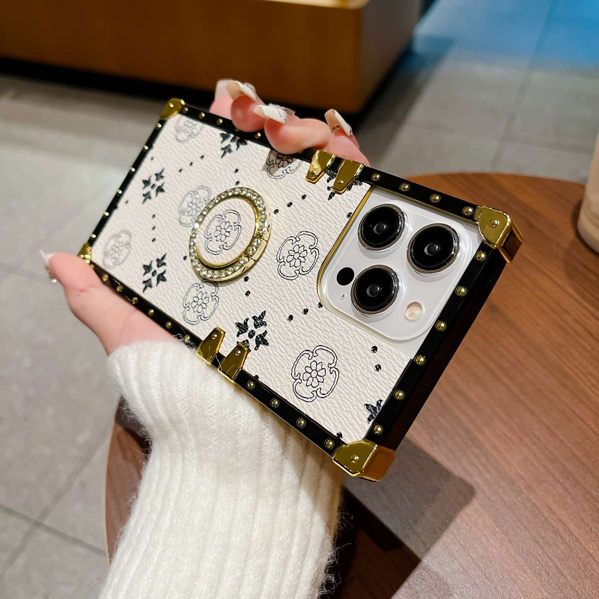 1Pc Beige For iPhone 12 Flower Belt Ring Holder Phone Case