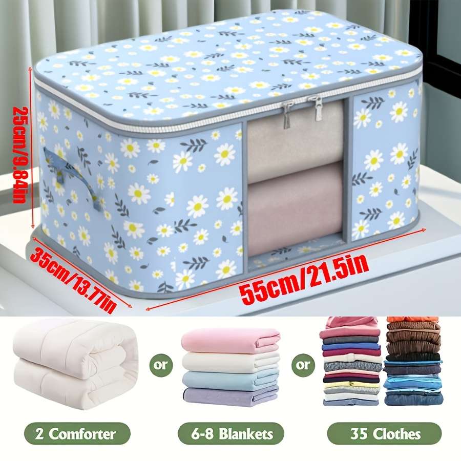 2Pcs Large Storage Bags Heavy Duty Storage Blue Daisy Visible Storage Bag