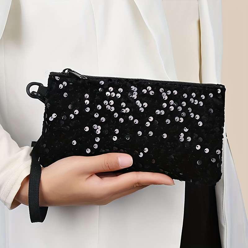 Women'S Black Sequin Clutch Walletlong Zippered Phone Bag With Adjustable Strap Stylish Wri